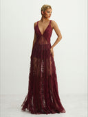 Elegant Lace Deep V-neck Tulle Maxi Dress