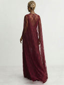Elegant Tulle Lace Shawl Sleeve Maxi Dress
