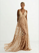 Elegant Lace Deep V-neck Tulle Maxi Dress