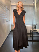 Elegant Pleated V-neck Midi Dress