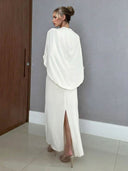Elegant Cream Draped Cape Sleeve Maxi Dress