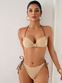 Halter Tie Contrast Trim Triangle Bikini Set