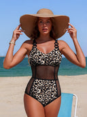 Sexy Leopard Print Mesh Panel One-Piece Swimsuit
