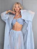 Sheer Cover-Up Backless Crop Top Three-Piece Beach Set