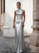 Elegant Silver Metallic Halter Neck Pleated Maxi Evening Dress