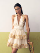 Elegant Paisley Print Sleeveless V-Neck Ruffle Mini Dress