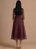 Elegant Draped Shawl-Collar Organza Midi Dress