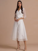 Elegant Draped Shawl-Collar Organza Midi Dress