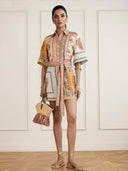 Retro Scarf Print Short-sleeved Tie-front Shirt Dress
