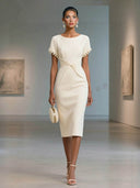 Elegant Pearl-Trim Short Sleeve Midi Dress