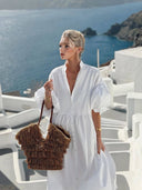Bohemian Ruched Lantern Sleeve Midi Dress