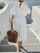 Bohemian Ruched Lantern Sleeve Midi Dress
