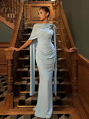 Elegant Satin Chiffon Boat Neck Shawl Fitted Maxi Dress