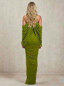 Ruched Draped Cape Sleeve Maxi Dress