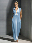 Elegant Sleeveless Deep V-Neck Contrast-Trim Maxi Dress