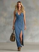 Button-Front Sleeveless Denim Maxi Dress