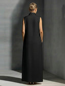 Elegant Sleeveless Deep V-Neck Contrast-Trim Maxi Dress