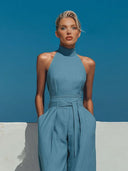 Structured Halter Neck Pleated Wide-Leg Jumpsuit