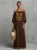 Bohemian Brown Floral Embroidered Off-Shoulder Maxi Dress