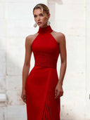 Elegant Red Halter Pleated Maxi Dress