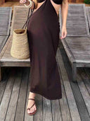 Halter-Neck Brown Bikini And Openwork Long Cover-Up Set