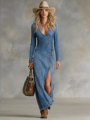 Button-Front V-Neck Denim Maxi Dress
