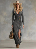 Button-Front V-Neck Denim Maxi Dress