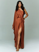 Elegant Asymmetrical Satin Draped Maxi Dress