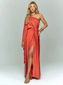 Elegant Orange Asymmetrical Satin Draped Maxi Dress
