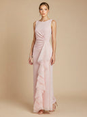 Elegant Sleeveless Asymmetrical Tulle Ruffle Maxi Dress