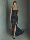 Elegant Lace-trimmed Satin Maxi Dress