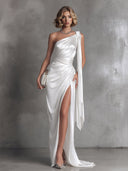 Elegant One-Shoulder Draped Satin High-Slit Maxi Dress