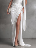Elegant One-Shoulder Draped Satin High-Slit Maxi Dress