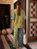 Retro Art Print Shirt & Wide-Leg Pants Two-Piece Set