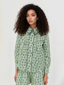 Retro Print Collared Long-Sleeve Shirt and High-Waisted Shorts Set