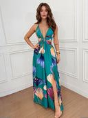 Bohemian Green Backless Printed Slit Party Maxi Dress