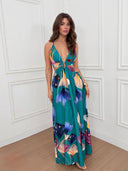 Bohemian Green Backless Printed Slit Party Maxi Dress