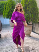 Exquisite Satin Irregular Lapel Neckline Design Ruched Maxi Dress