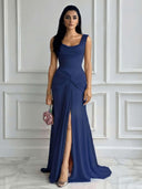 Elegant Pleated Twist-Front High-Slit Maxi Dress