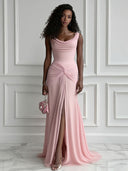 Elegant Pleated Twist-Front High-Slit Maxi Dress