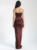 Elegant Strapless Corset Draped Satin Maxi Dress