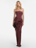 Elegant Strapless Corset Draped Satin Maxi Dress