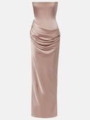Elegant Strapless Corset Draped Satin Maxi Dress