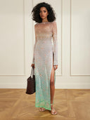 Sexy Backless Gradient Embroidered Metal Hook Crochet Maxi Dress
