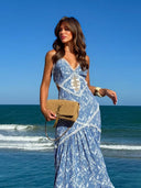 Boho Lace Insert Printed Backless Maxi Dress