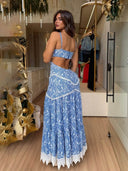 Boho Lace Insert Printed Backless Maxi Dress