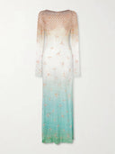 Sexy Backless Gradient Embroidered Metal Hook Crochet Maxi Dress