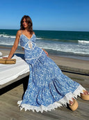 Boho Lace Insert Printed Backless Maxi Dress