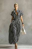 Striped Stand-Collar Blouse Dress