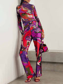 Unique Retro Abstract Print Mesh Long-Sleeved Top